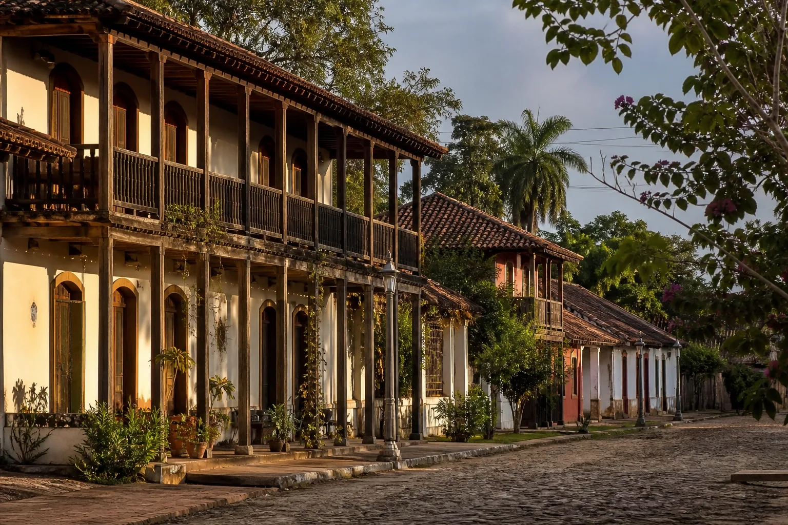 Casas coloniales alemanas con verandas de madera y tejas en San Bernardino, Paraguay
