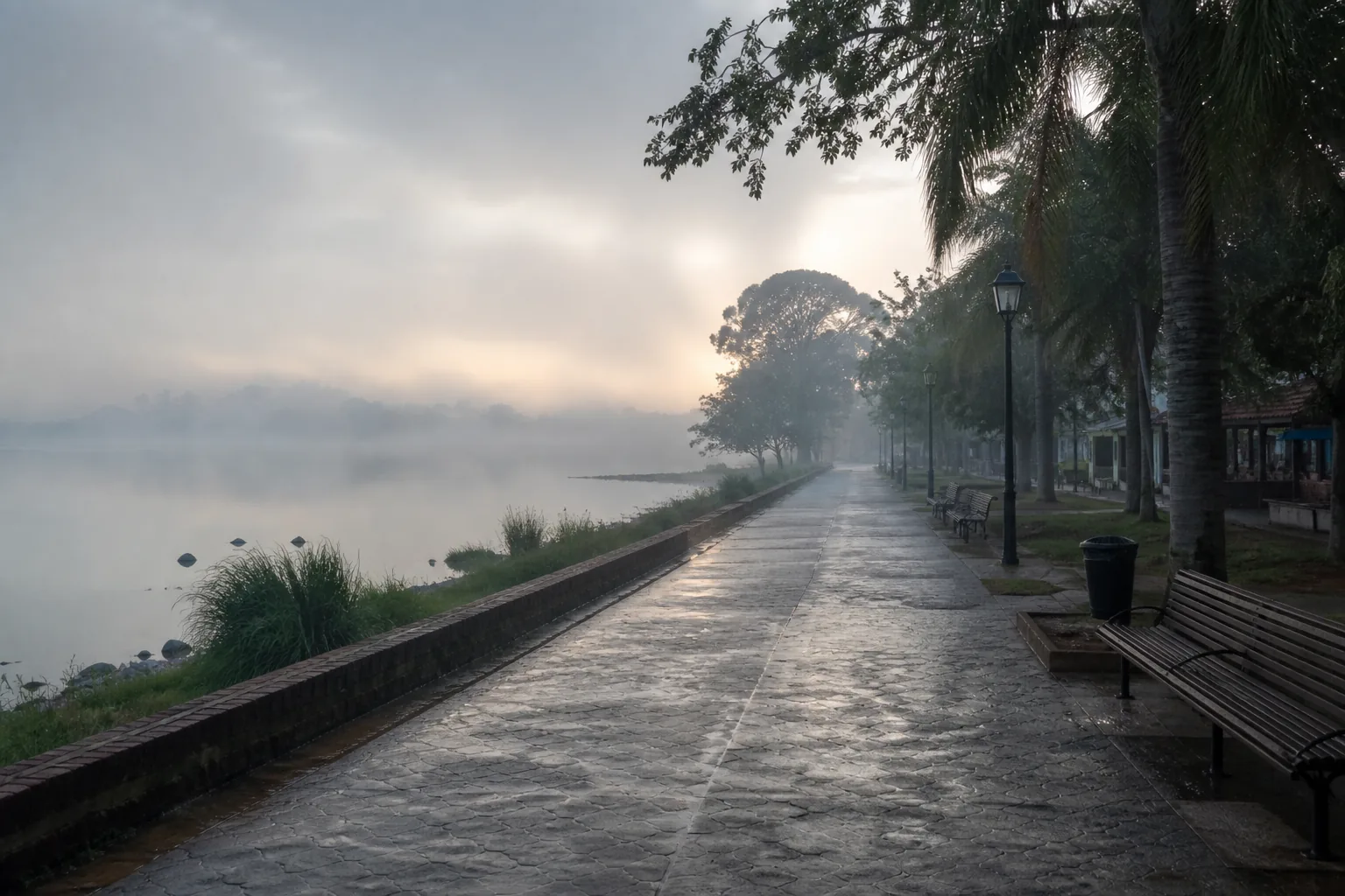 Passeio de orla ao amanhecer com névoa em San Bernardino, Paraguai